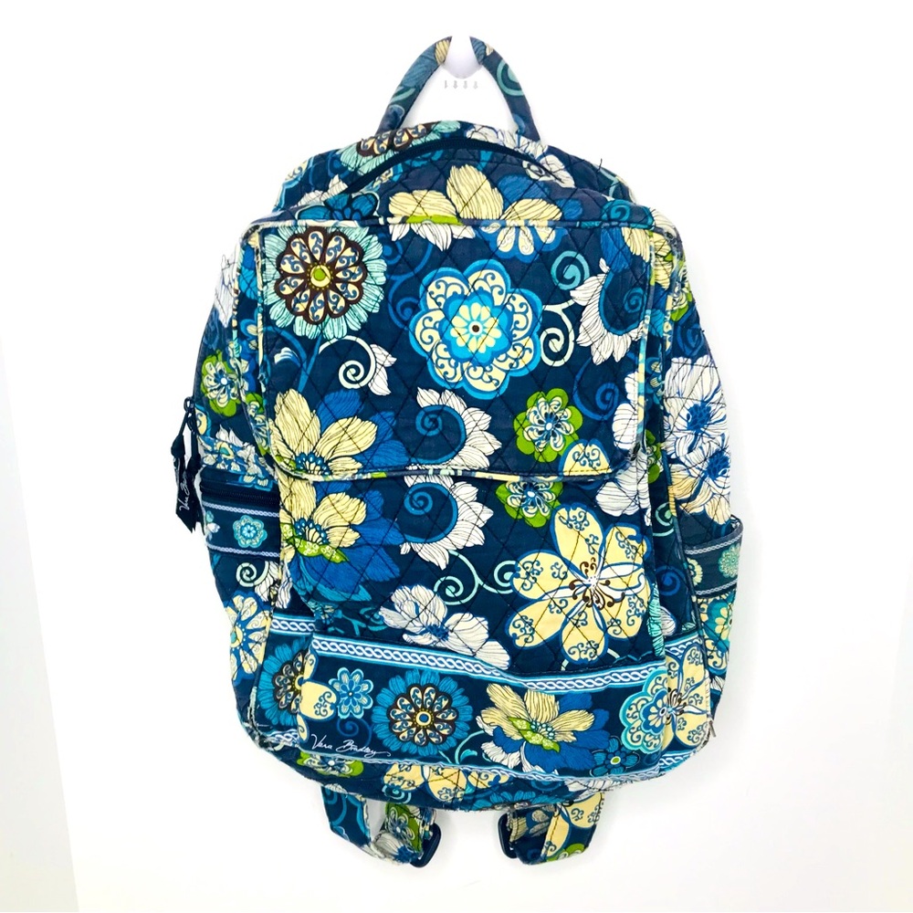 Vera Bradley Quilted Backpack Purse Bag Blue Floral Print 17x11 6 Compartments